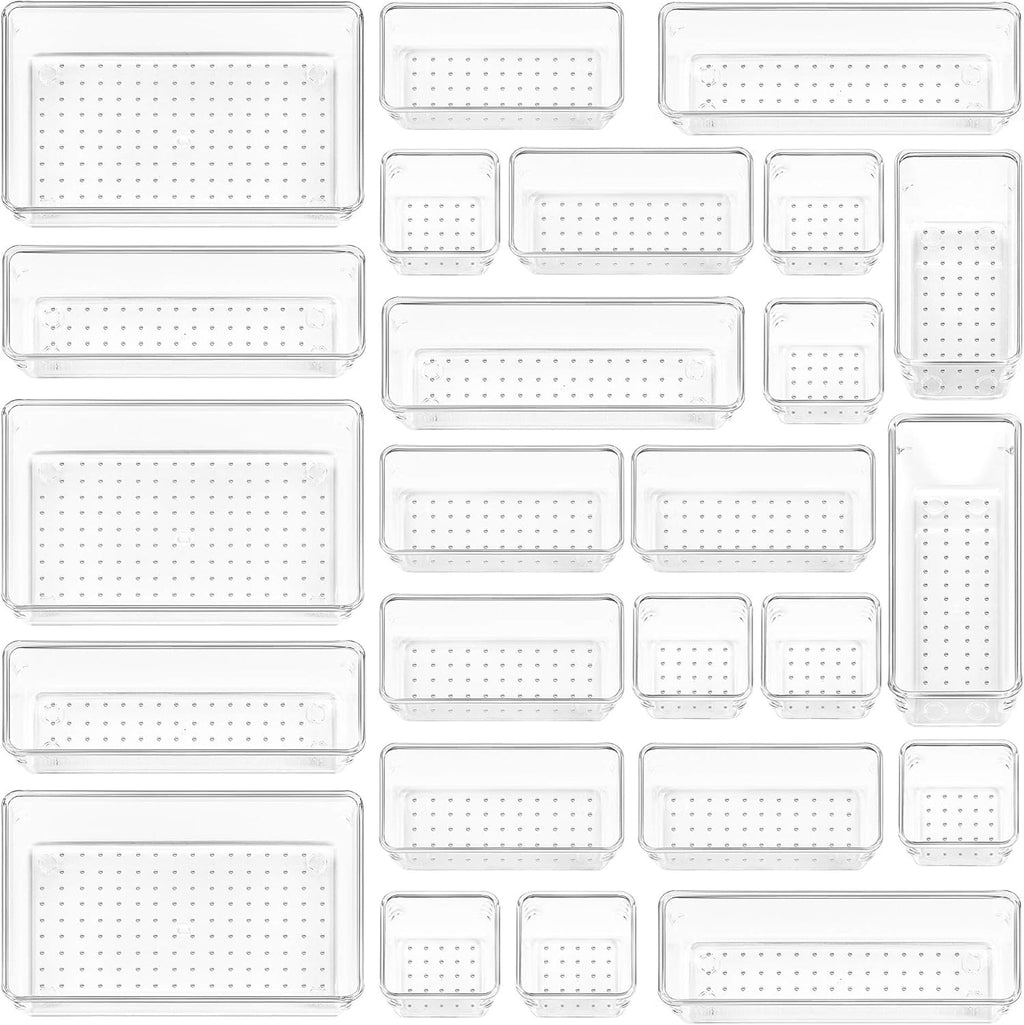 Vtopmart 25 PCS Clear Plastic Drawer Organizers Set, 4-Size Versatile Bathroom and Vanity Drawer Organizer Trays, Storage Bins for Makeup, Bedroom, Kitchen Gadgets Utensils and Office