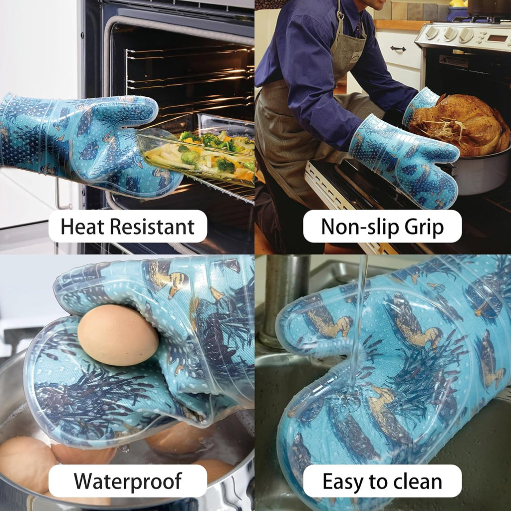 Oven Mitts Set of 2 with Transparent Clear Silicone Shell and Nice Duck Printing Cotton Lining, Heat Resistant to 500 F Kitchen Oven Gloves Pot Holder for Cooking (Wathet Blue, Oven Mitts)