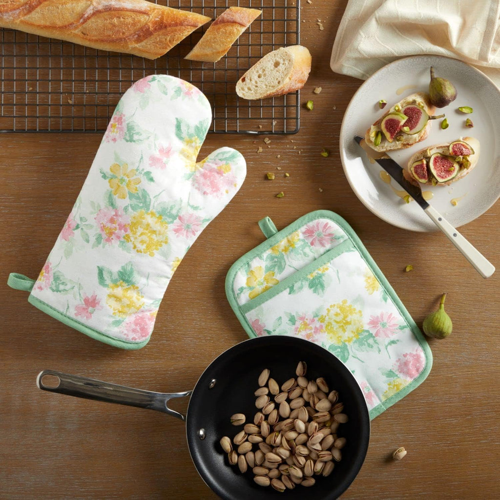Martha Stewart Amber Floral Oven Mitt & Pot Holder Set 2-Pack, Pink/Yellow, OM: 7"x13" & PH: 7"x10"