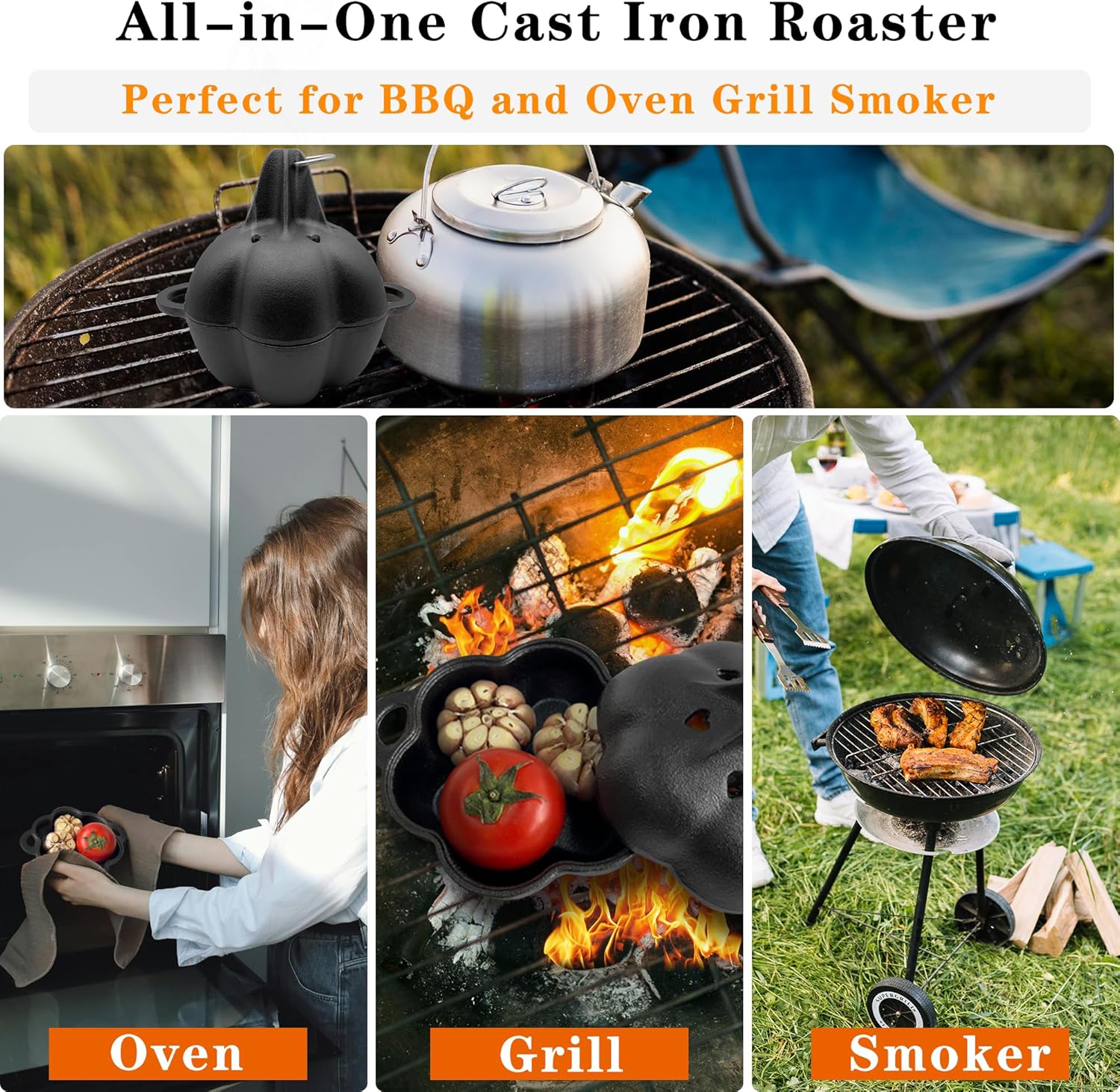 Large Cast Iron Smoker Roaster & Garlic Roster Baker, Smoker Box, Pre-Seasoned Cast Iron Garlic Roaster for Grill, Perfect for BBQ and Oven, for Smoky, Flavorful Vegetables, Meats Wood Chips