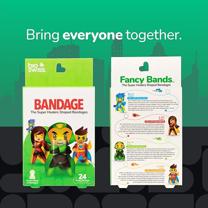 BioSwiss Bandages, Super Healers Superhero Shaped Self Adhesive Bandage, Latex Free Sterile Wound Care, Fun First Aid Kit Supplies for Kids and Adults, 24 Count