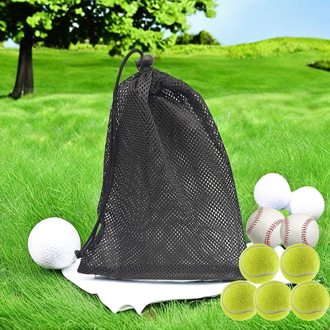6 PCS Mesh Drawstring Bag 12" x 15.7", Durable Sports Equipment Net Bag Multipurpose Mesh Storage Bags for Tennis Ball, Golf Ball, Swimming, Camping and Travel, Black