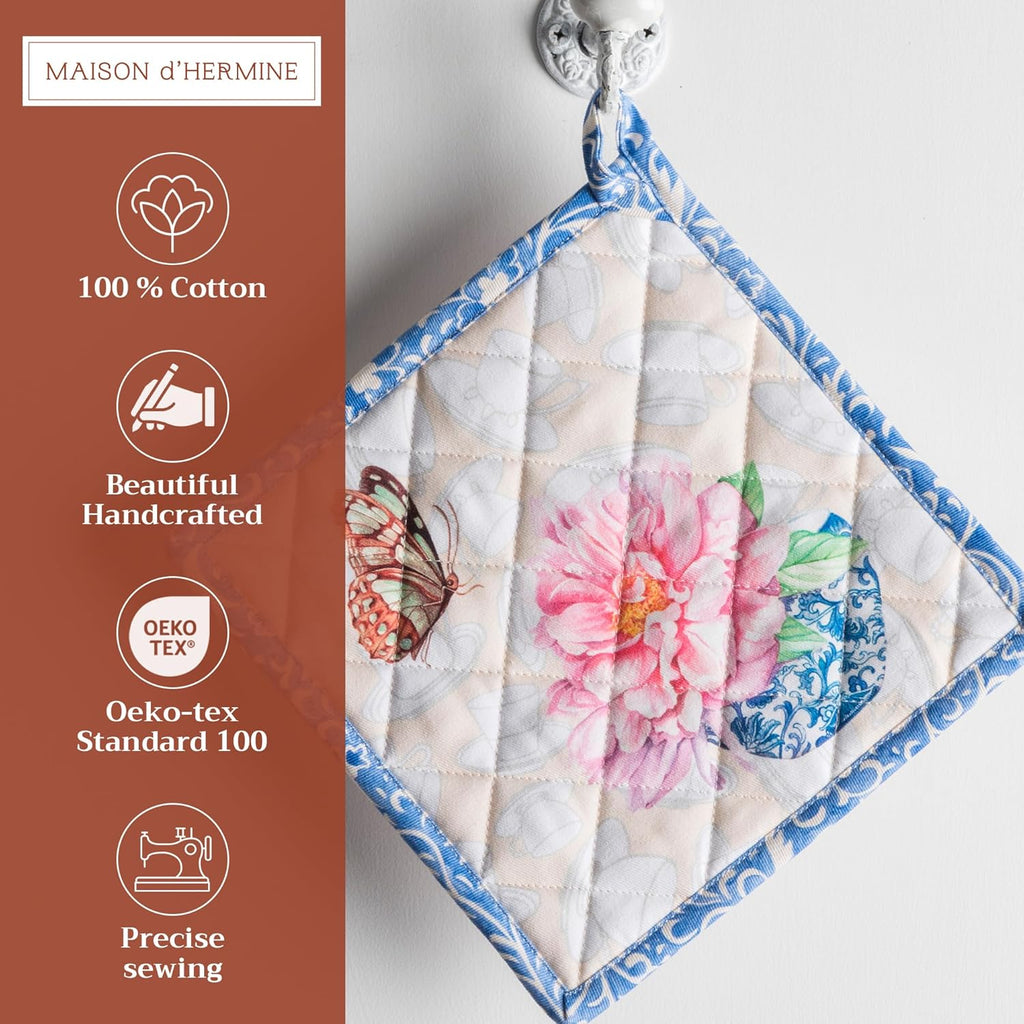 Maison d' Hermine Pot Holders 100% Cotton Heat Resistant Potholders 8" x 8" Hot Pads with Loop BBQ, Cooking, Baking, Grilling, Kitchen, Handling Hot Pans Spring/Summer (Pack of 1, Canton)