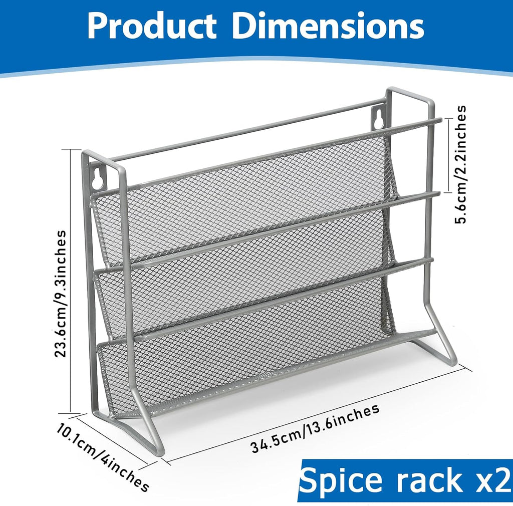 2PCS 4Tier Spice Rack for Counter Free Standing,Spice Rack for Inside Cupboard Hanging Wall Mounted Spice Seasoning Organiser Spice Jars Bottle Organizer for Kitchen Pantry（Silver）