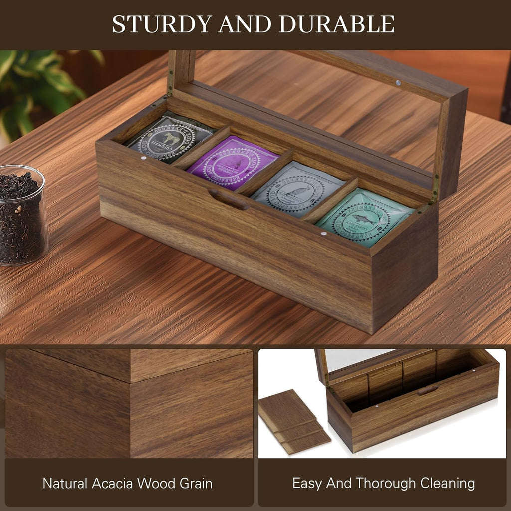 Acacia Wood Tea Bag Organizer, 4 Compartments Tea Box Organizer Storage Box, Teabag Holder Organizers with Clear Acrylic Window, Magnetic Lid and Removable Dividers
