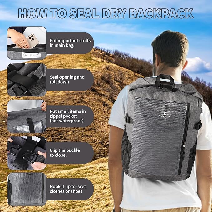 Dry Bag Backpack,25L Dry bags waterproof Kayaking, Waterproof bag with Waist Pouch and Phone Case,Waterproof Backpack Marine dry bag for Kayaking, Beach, Rafting, Boating (Gray)
