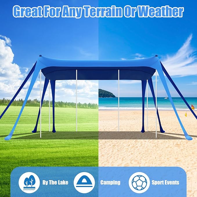 Beach Tent Sun Shelter UPF 50+ Beach Shade Canopy Pop up Tent Portable Cabana Outdoor with Aluminum Poles Sandbags Sand Shovel for Camping Fishing Trip Picnic Party