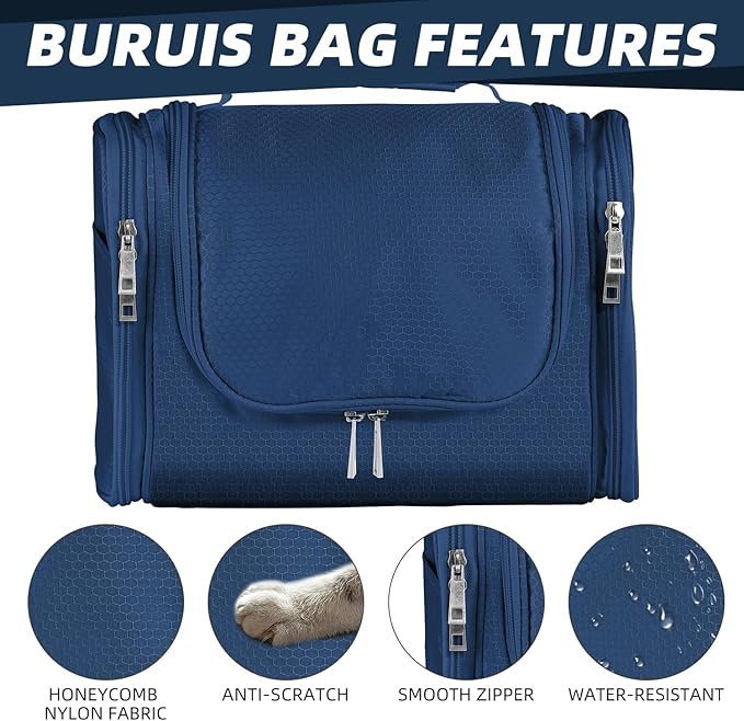 Buruis Large Capacity Toiletry Bag for Women and Men, Hanging Toiletry Organizer Cosmetics Makeup Bag, Water-resistant Dopp Kit Shaving Bags for Full Sized Toiletries, Travel Essentials (Blue)
