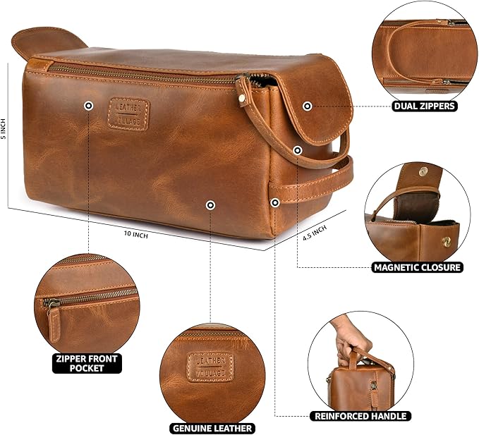 LEATHER VILLAGE Premium Leather Travel Toiletry Bag - Unisex Water-Resistant Travel Dopp Kit, Shaving & Cosmetic Organizer for Men & Women - Compact Bathroom Essentials - Camel Brown