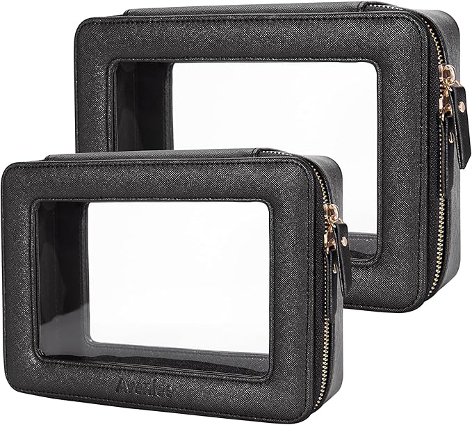 Aveniee Clear Makeup Bag, Portable Travel Toiletry Bag Cosmetic Case for Women, Vegan Leather Make Up Pouch Organizer Car Bag for Essentials 2pcs(Middle & Large) - Black