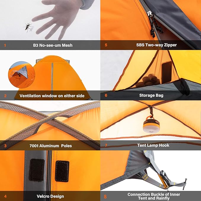 BISINNA 2/4 Person Camping Tent Lightweight Backpacking Tent Waterproof Windproof Two Doors Easy Setup Double Layer Outdoor Tents for Family Camping Hunting Hiking Mountaineering Travel