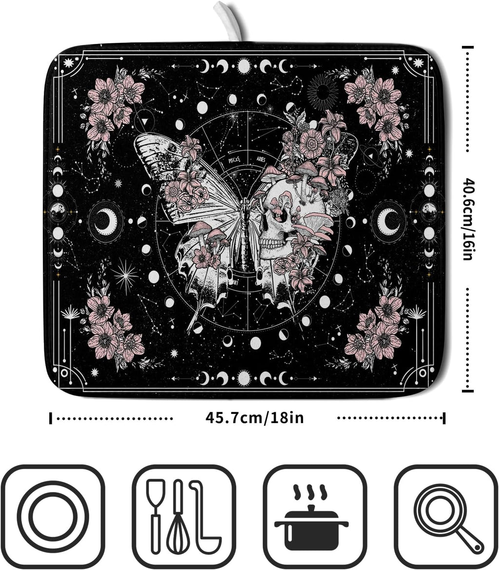 Skeleton Butterfly Dish Drying Mat Black Skull Absorbent Dish Drainer for Kitchen Counter Holiday Decor