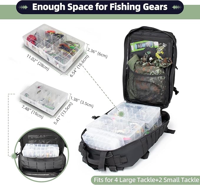 45l Large Fishing Tackle Backpack with Removable Plier Holder & Rod Holders, Black Tactical Bag, Fishing Gear and Tackle Box Organizer, Hiking Rucksack without Tackle Box