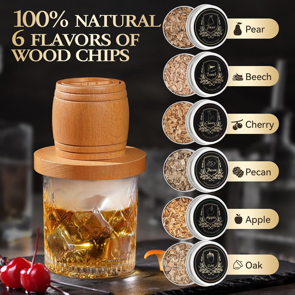 G GOOD GAIN Whiskey Smoker Kit with Torch - Old Fashioned Cocktail Smoker Kit with 6 Flavors Wood Chips | Drink Bourbon Infuser Set with 4 Stainless Steel Ice Stone for Men, Dad (No Fuel Included)