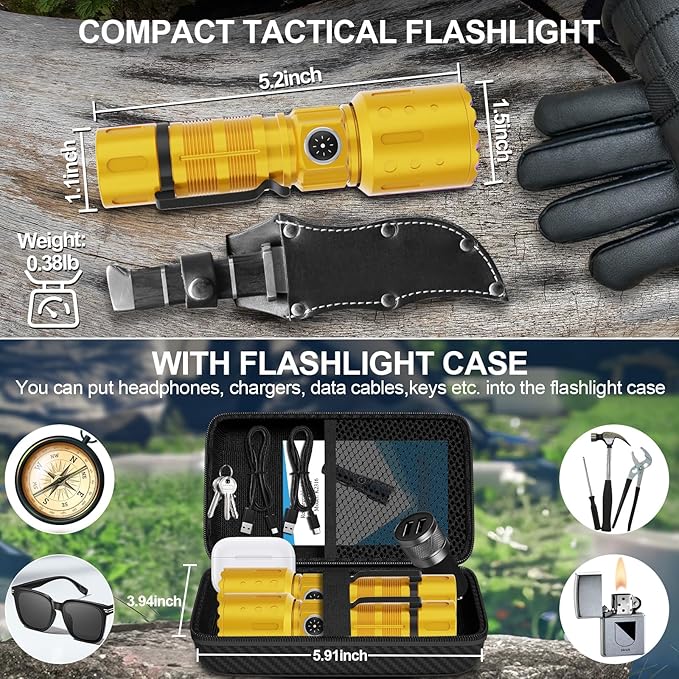 Flashlights High Lumens Rechargeable, 20000 Lumens Super Bright 1500 Meters Long Range Small Powerful Flashlight, 6 Modes LED Tactical Pocket Waterproof Flash Light for Home Emergency (2, Yellow Gold)