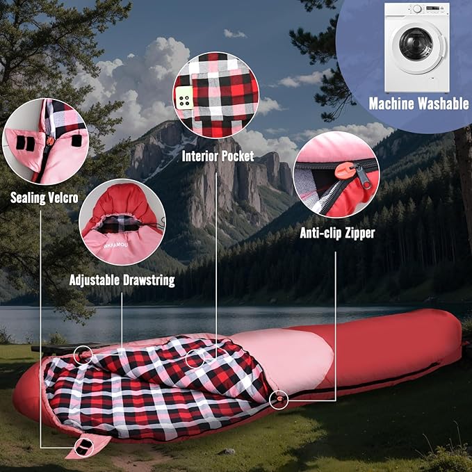 Cold Weather Mummy Sleeping Bag Flannel 0 Degree Winter Sleeping Bag Machine Washable Heavy Duty for Adults,Teenager with Compression Sack 4 Seasons for Camping Hiking Traveling