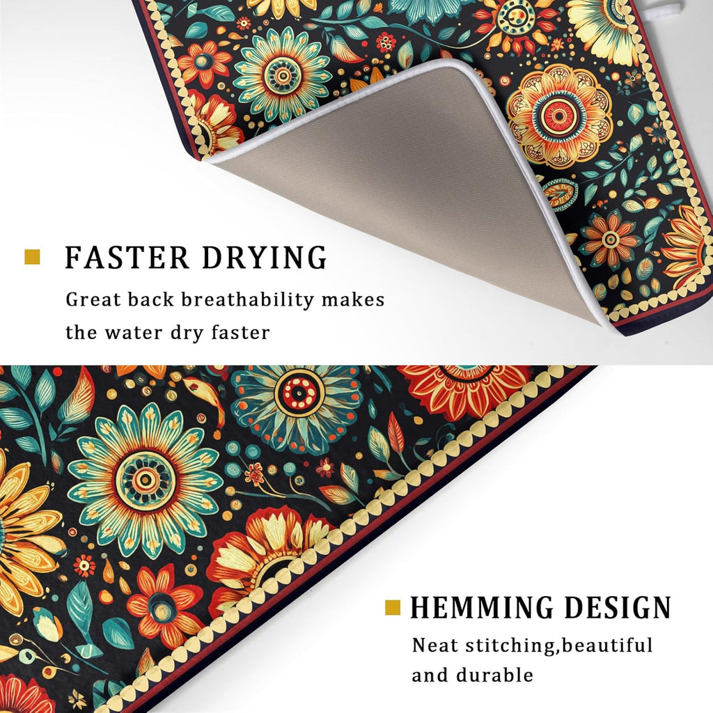 Boho Floral Dish Drying Mat for Kitchen Counter Absorbent Microfiber Flowers Drying Pad 18 X 24 In
