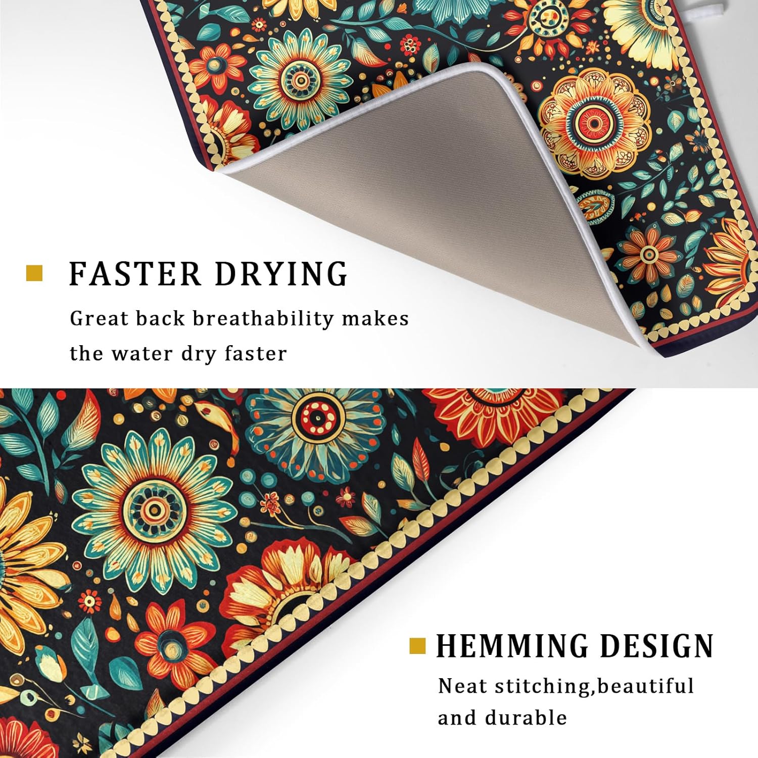 Boho Floral Dish Drying Mat for Kitchen Counter Absorbent Microfiber Flowers Drying Pad 18 X 24 In