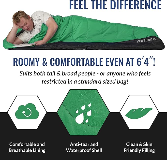 VENTURE 4TH Backpacking Sleeping Bag – XXL, Double and Single Sizes - Lightweight Warm & Cold Weather Sleeping Bags for Adults, Kids & Couples – Ideal for Hiking, Camping & Outdoor Adventures
