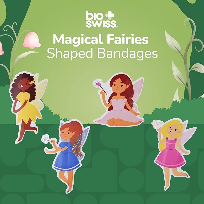 BioSwiss Bandages, Magical Fairies Shaped Self Adhesive Bandage, Latex Free Sterile Wound Care, Fun First Aid Kit Supplies for Kids and Adults, 24 Count
