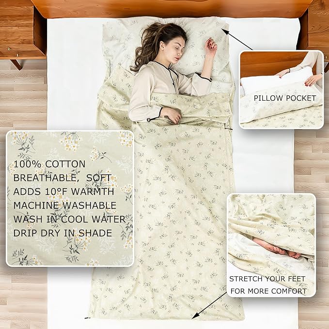 100% Cotton Sleeping Bag Liner with Full Length Zipper on 3 Sides; Single/Double Adult Sleep Sack for Travel & Camping, Multifunctional Travel Sheets (Unzipped 87”x87”) for Hotel, Lightweight