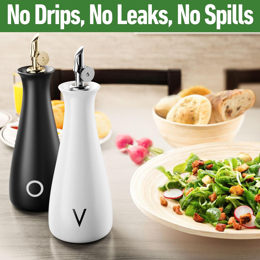 Oil and Vinegar Dispenser Set with Self-Closing Stainless Steel Spouts - 530 ML Capacity Matte Ceramic Leak Proof EVOO & Vinegar Dispensing Bottle Set of 2 - Olive Oil and Vinegar Dispenser Bottle Set