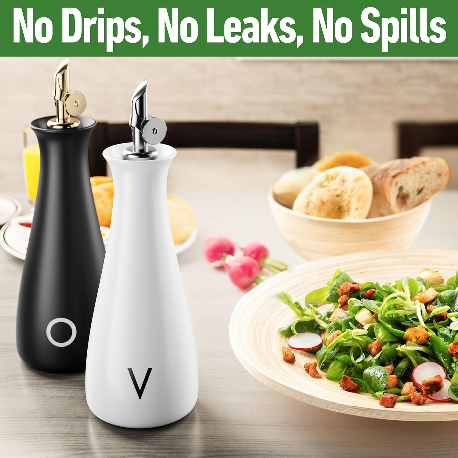 Oil and Vinegar Dispenser Set with Self-Closing Stainless Steel Spouts - 530 ML Capacity Matte Ceramic Leak Proof EVOO & Vinegar Dispensing Bottle Set of 2 - Olive Oil and Vinegar Dispenser Bottle Set