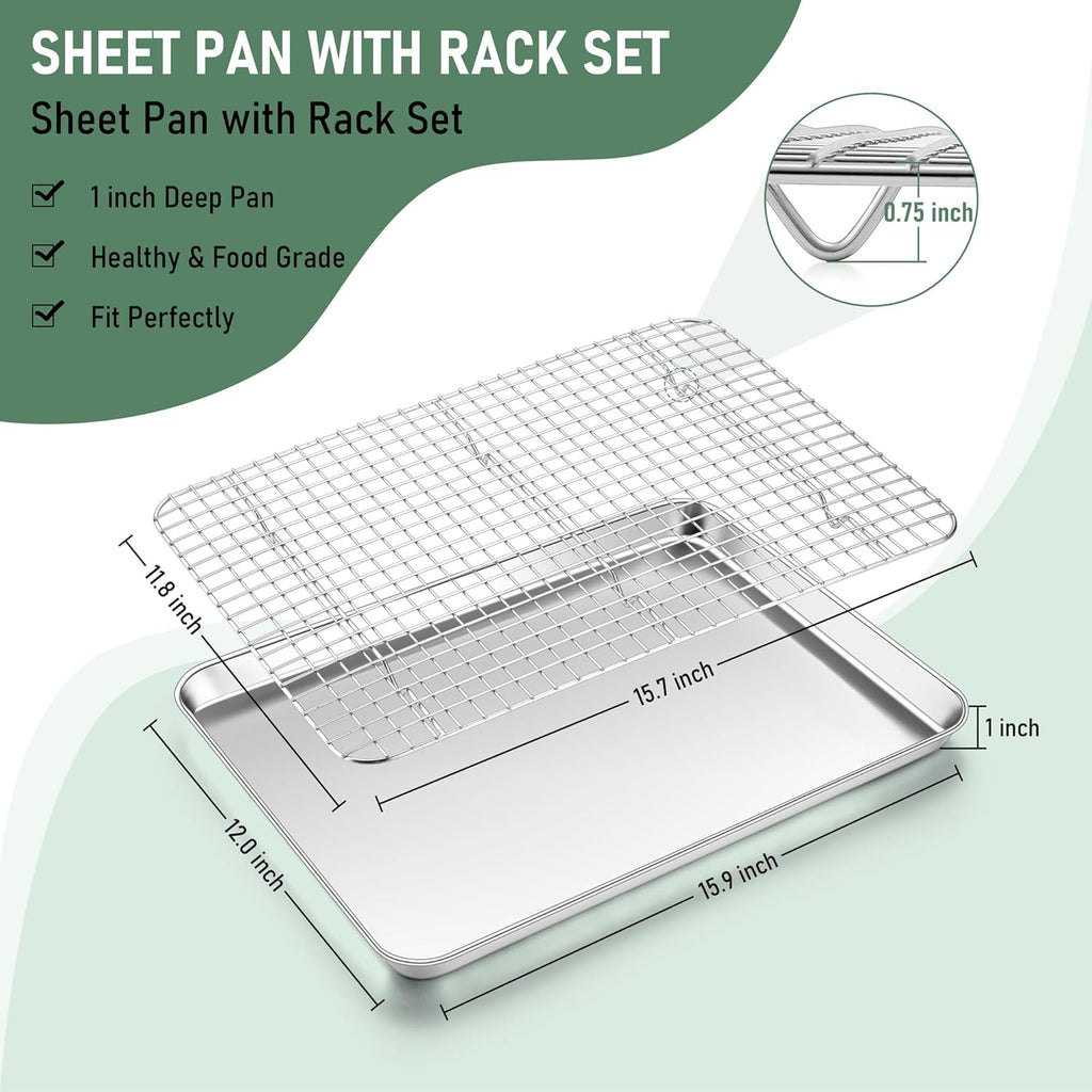 Baking Sheet with Wire Rack, Homikit 16" x 12" Stainless Steel Cookie Sheet Bacon Pan for Oven, Nonstick Jelly Roll Pan Baking Tray with Grid Cooling Rack Set for Cooking Roasting, Dishwasher Safe