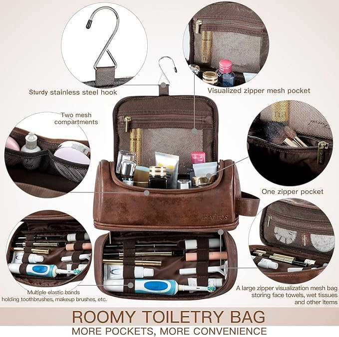 Elviros Toiletry Bag for Mens PU Leather Travel Organizer Kit with Hanging hook, Large Water-resistant Toiletries Bathroom Shaving Bags (Dark Brown)