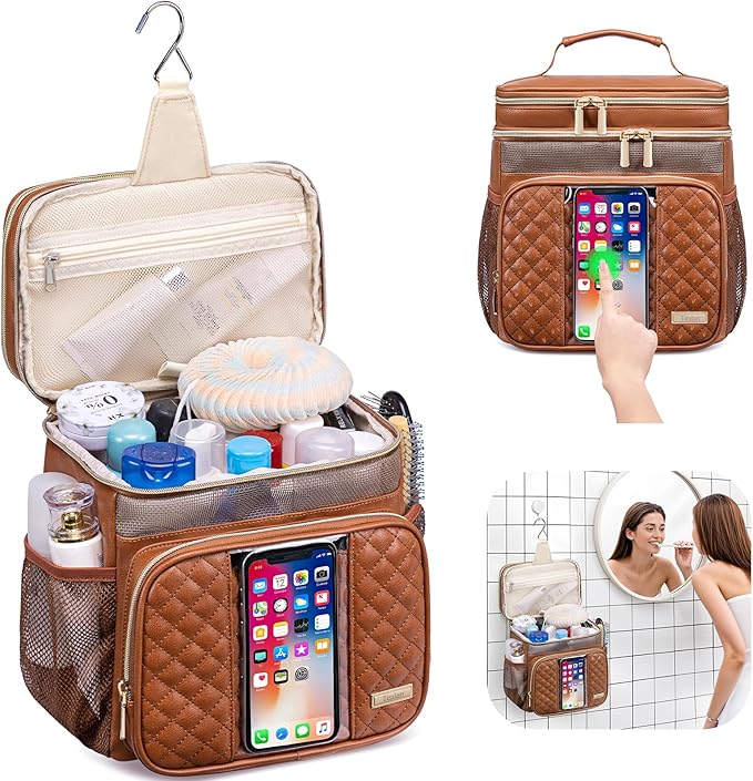 Large Leather Toiletry Bag for Women Men,Bathroom Bag,Water Resistant Portable Shower Caddy for College Dorm,Hanging Toiletry Bags for Traveling,Gym Camping Cruise Ship Travel Essentials Shower Bag