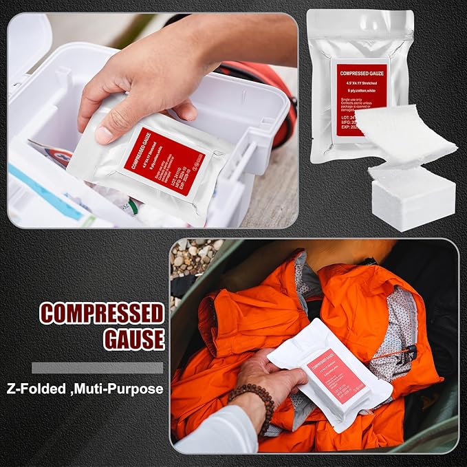 15 Pcs Z-Folded Compressed Sterile Gauze 4.5" x 4.1 Yards Combat Gauze Trauma Pad 6-ply 100% Cotton for Emergency Wound Dressing, First Aid Ifak Supplies Trauma Kit
