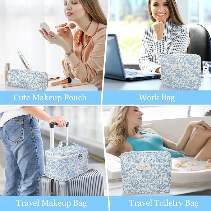 3PC Makeup Bag Set, Quilted Makeup Bag, Large Floral Cosmetic Bag for Women, Cute Cotton Makeup Bags, Flower Travel Toiletry Organizer Bag(Pink Plaid Bow)