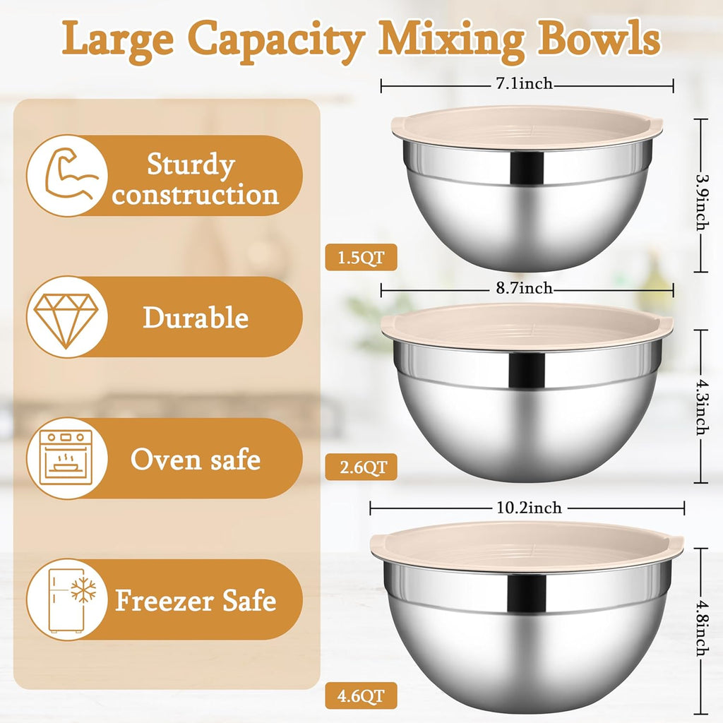 LIANYU Mixing Bowls with Airtight Lids Sets, 3 Packs Stainless Steel Metal Mixing Bowls, Ideal for Prepping, Cooking, Storage, Serving, Freezer & Dishwasher Safe, Khaki