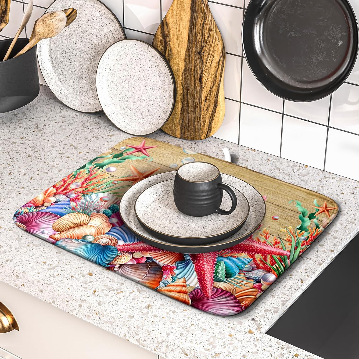 Summer Ocean Dish Drying Mat - Starfish Seashells Absorbent Kitchen Countertop Drying Pad 16 X 18 Inch