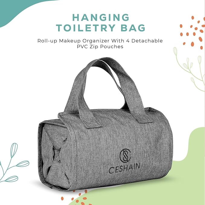 4-in-1 Hanging Toiletry Bag | Roll-up Makeup Organizer With 4 Detachable PVC Zip Pouches| Travel Toiletry Bag, 600D Oxford Fabric Material Organize Make up, Cosmetics