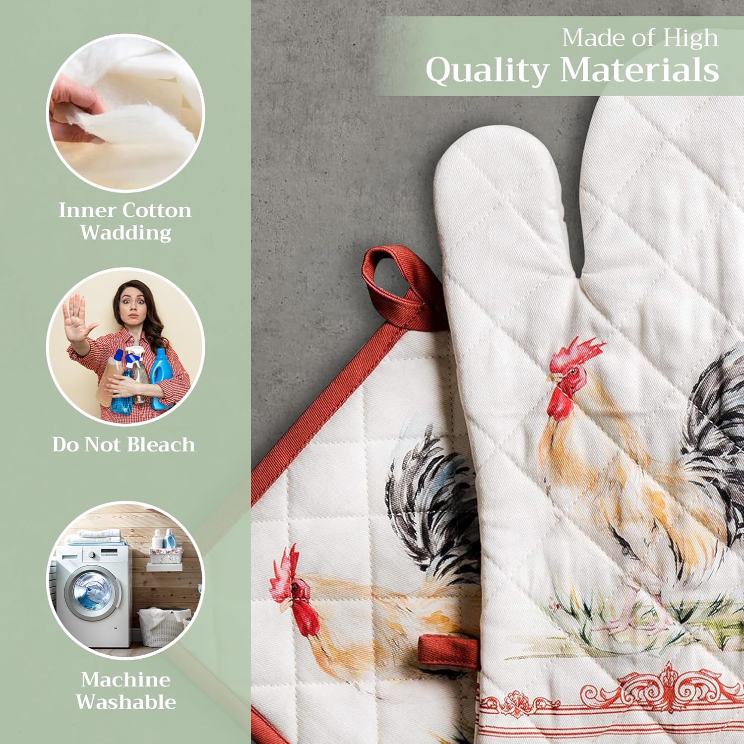 Maison d' Hermine 100% Cotton Oven Mitt & Pot Holder Set (7.5"x13" & 8"x8") Heat Resistant BBQ Cooking Gloves with Loop, Baking, Grilling, Kitchen, Handling Hot Pans Spring/Summer (Campagne)