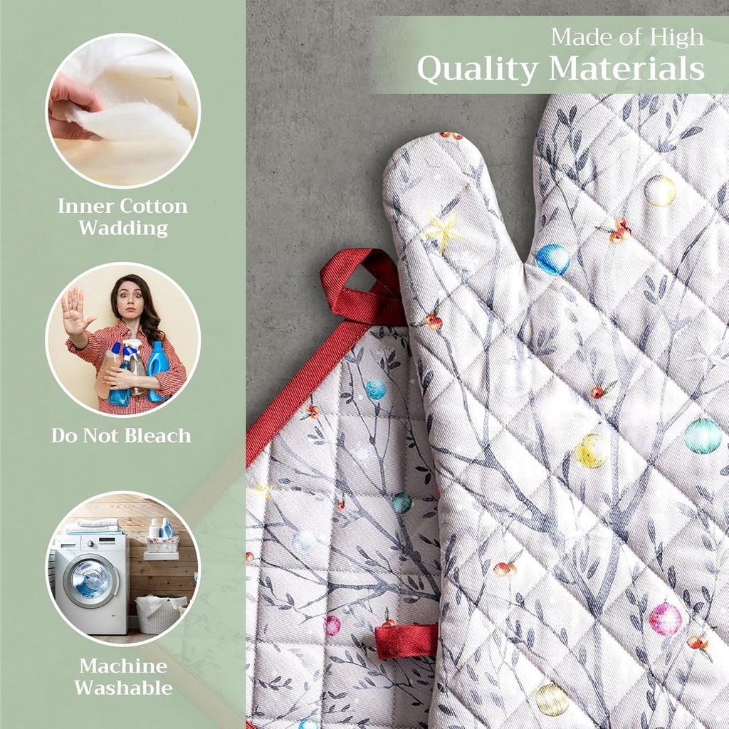 Maison d' Hermine 100% Cotton Oven Mitt & Pot Holder Set (7.5"x13" & 8"x8") Heat Resistant BBQ Cooking Gloves with Loop, Baking, Grilling, Kitchen, Handling Hot Pans (Fairy Christmas)