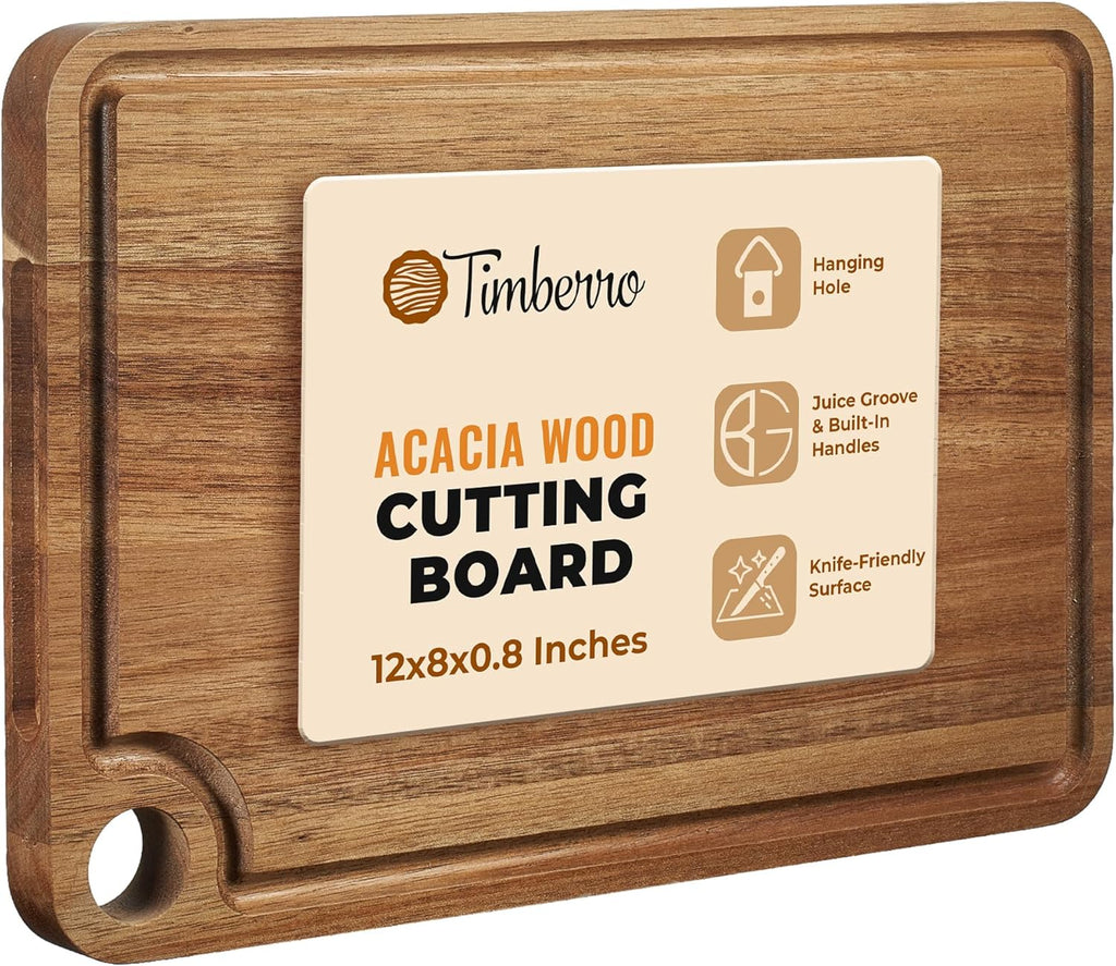 Acacia Wood Cutting Board (12x8x0.8 In.) - Small Wooden Boards with Handle and Juice Groove for Kitchen, Solid Mini Real Hardwood Hanging Chopping Boardsmith Butcher Block for BBQ