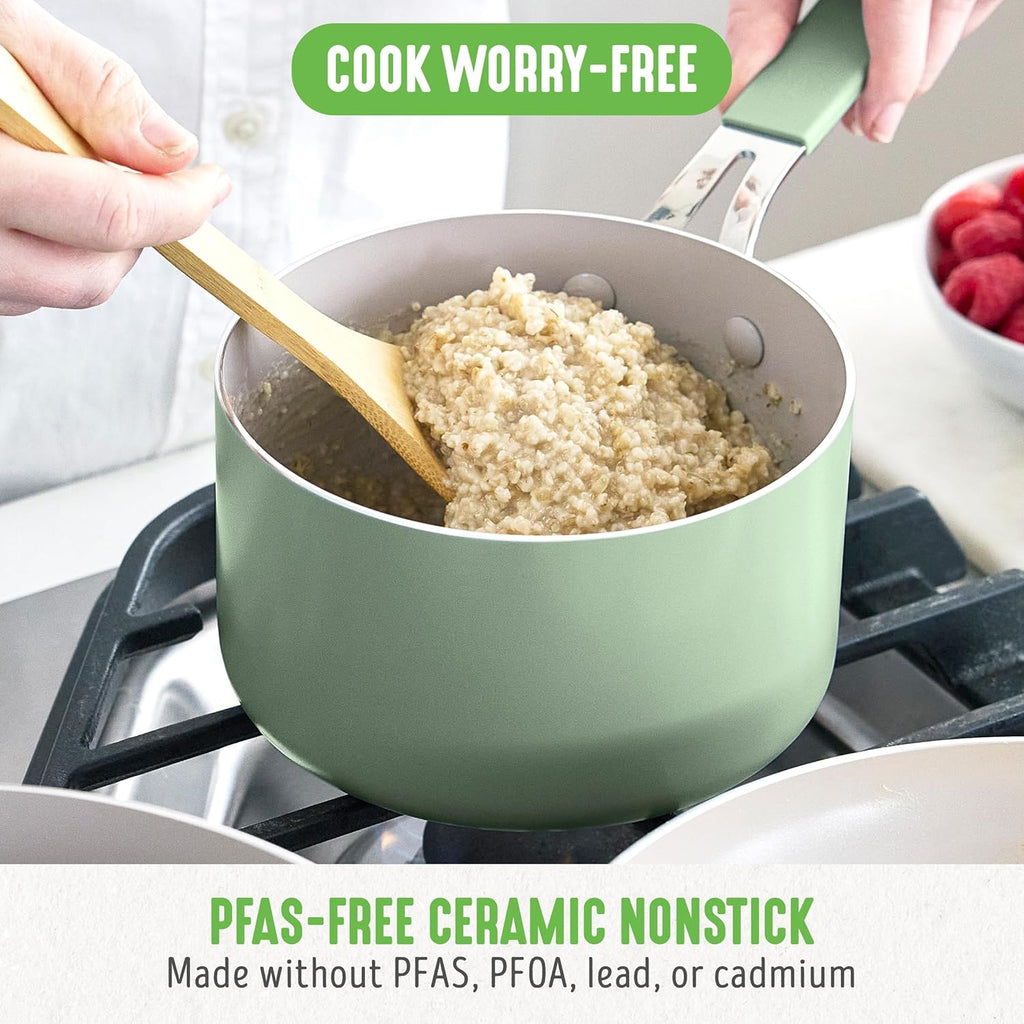 GreenLife 2 Quart Nonstick Saucepan with Lid, Lightweight Healthy PFAS-Free Milk Pan, Dishwasher & Oven Safe Soup Pan, Durable Body, Silicone Stay-Cool Handle, Easy Release Chef’s Pan, Sage Green