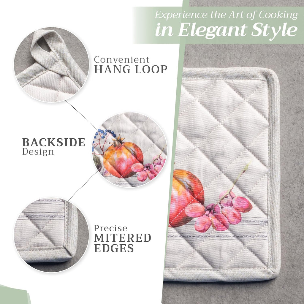 Maison d' Hermine Pot Holders Set 100% Cotton Heat Resistant Potholders 8" x 8" Hot Pads with Loop BBQ, Cooking, Baking, Grilling, Kitchen, Handling Hot Pans (Pack of 2, Fruit D'Hiver)
