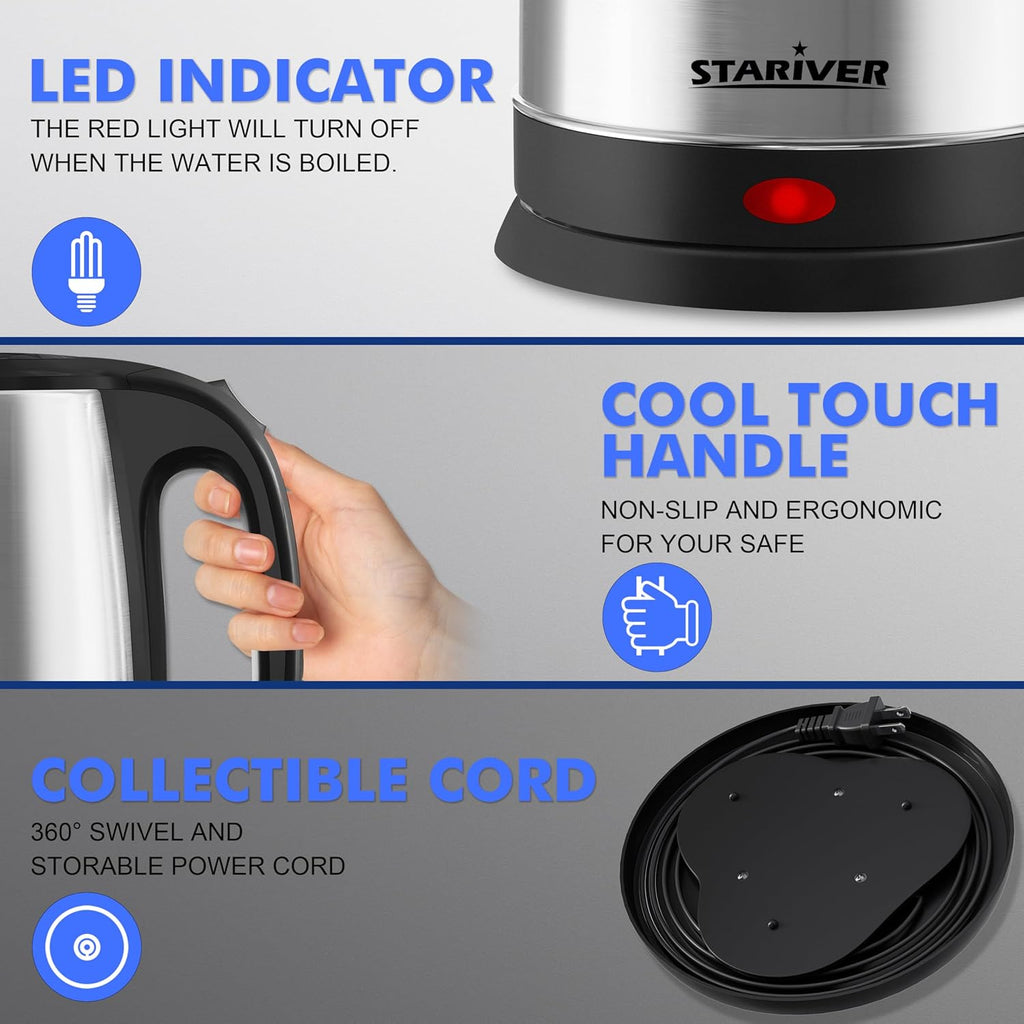 Stariver 2.5L Large Electric Kettle, BPA Free Stainless Steel Water Heater, Fast Boil Electric Tea Kettle, Water Boiler with Auto Shut-Off & Boil-Dry Protection for Family (10-12 Cups)