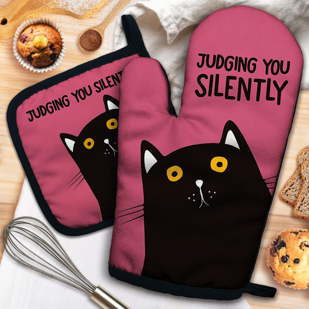 ZHANTUONE Judging You Silently Funny Heat Resistant Oven Mitts and Pot Holders Set with Silicone Non-Slip, Cute Cat Cooking Baking Gadgets, Gifts for Mom Aunt Sister BFF Cat Lover