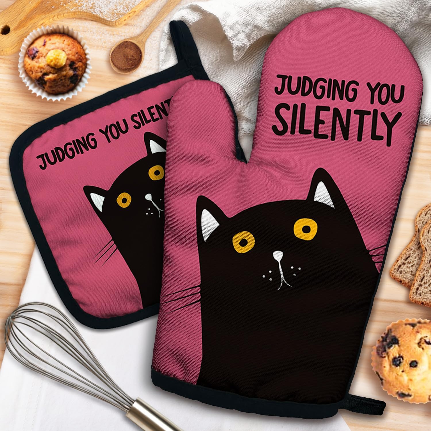 ZHANTUONE Judging You Silently Funny Heat Resistant Oven Mitts and Pot Holders Set with Silicone Non-Slip, Cute Cat Cooking Baking Gadgets, Gifts for Mom Aunt Sister BFF Cat Lover