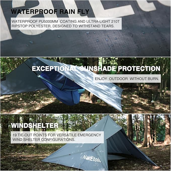 Waterproof Camping Tarp - PU5000mm Coating Rain Fly for Hammock Cover, Tarp Tent, Versatile with 19 tie-Outs - Portable, Essential for Backpacking and Camping Gear - 10x10ft