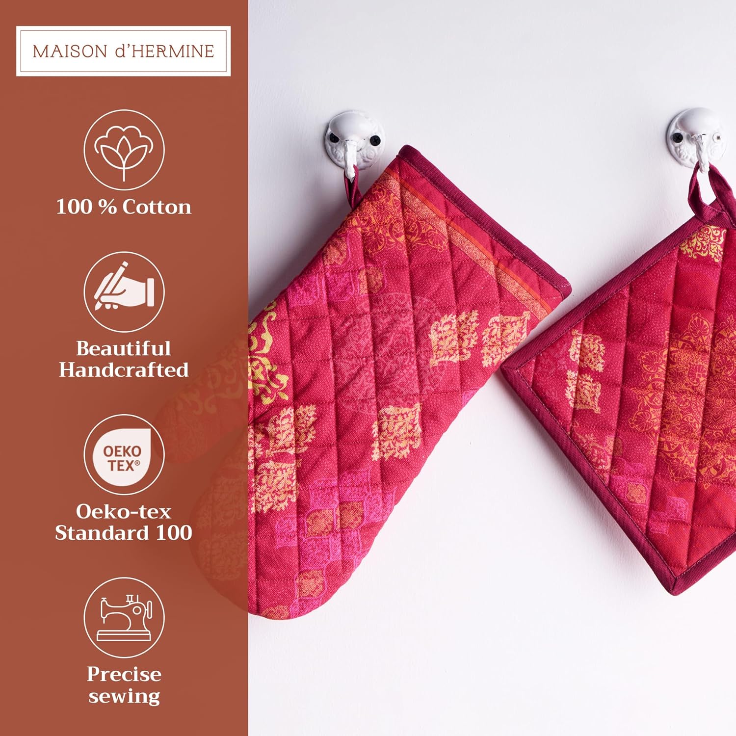 Maison d' Hermine 100% Cotton Oven Mitt & Pot Holder Set (7.5"x13" & 8"x8") Heat Resistant BBQ Cooking Gloves with Loop, Baking, Grilling, Kitchen, Handling Hot Pans (Versailles)