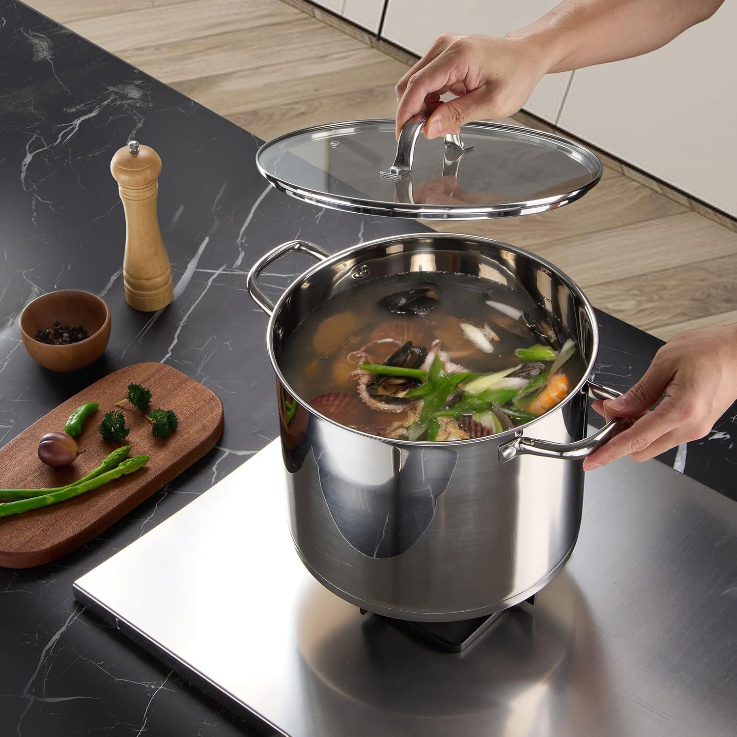 14 QT Stainless Steel Large Stock Pot, LIANYU Heavy Stockpot with Glass Lid, Deep Soup Canning Pot for Stewing Simmering, Tri-ply Base for Induction, Halogen Cooktops, Dishwasher Safe