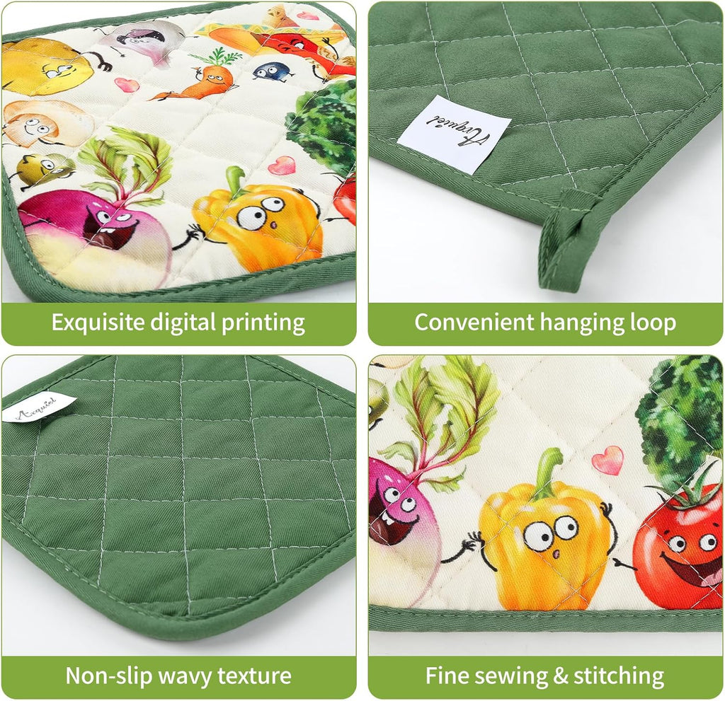 Vegetables Oven Mitts and Pot Holders Sets 2Pcs, 100% Cotton Heat Resistant, Extra Long Oven Gloves Potholder for Kitchen Cooking Baking Decoration