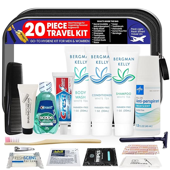 Trektote Travel Toiletry Kit For Men And Women – 20 Piece Set of Travel Size Toiletries, TSA Compliant, Includes Shampoo And Conditioner, Body Wash, Oral Care, Reusable Toiletry Bag & More