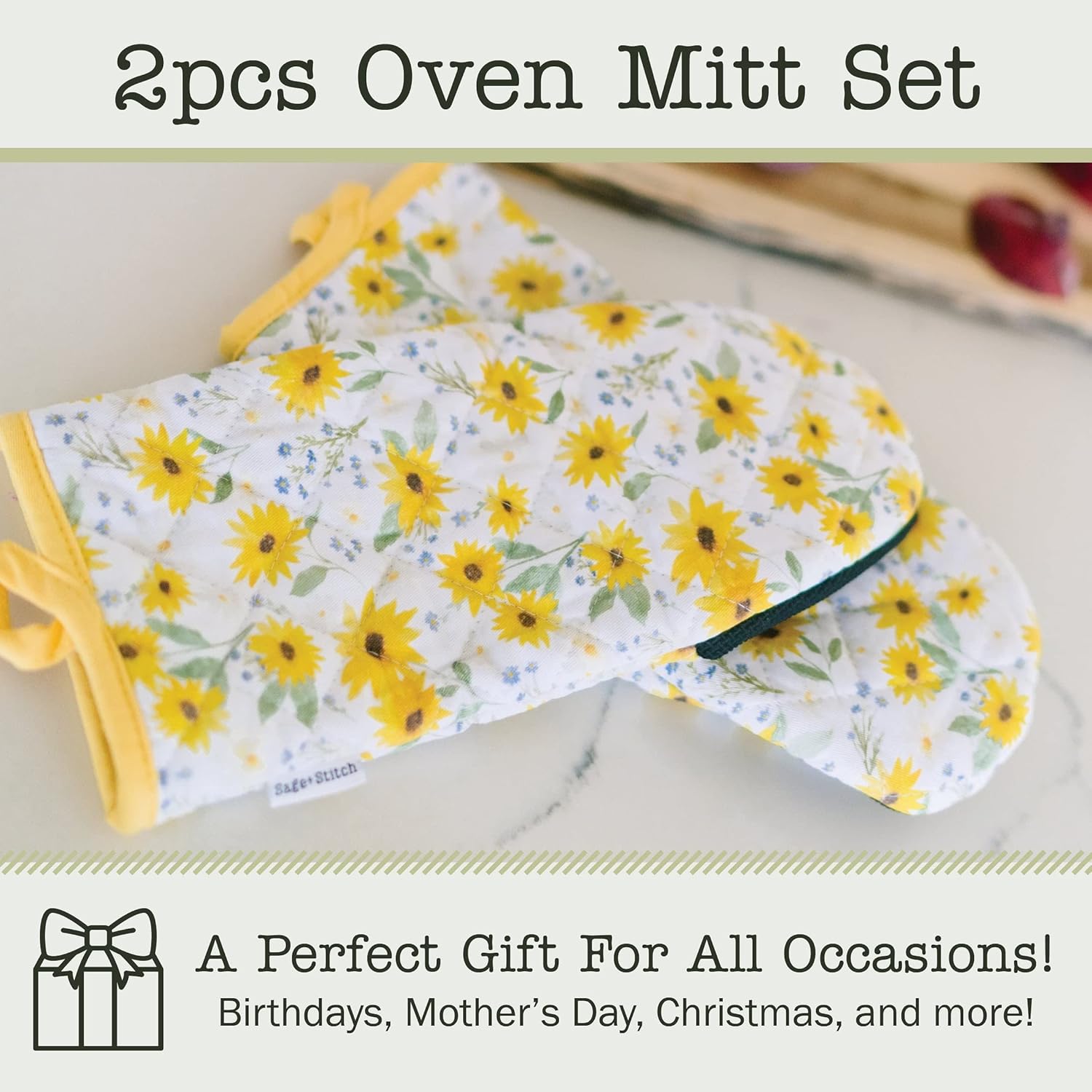 Heat Resistant Designer Kitchen Oven Mitts with Neoprene Non-Slip Grips and Hanging Loops | Set of 2 100% Cotton Long Sleeve Kitchen Oven Mitts | 5.5" x 12" | Sun Flowers