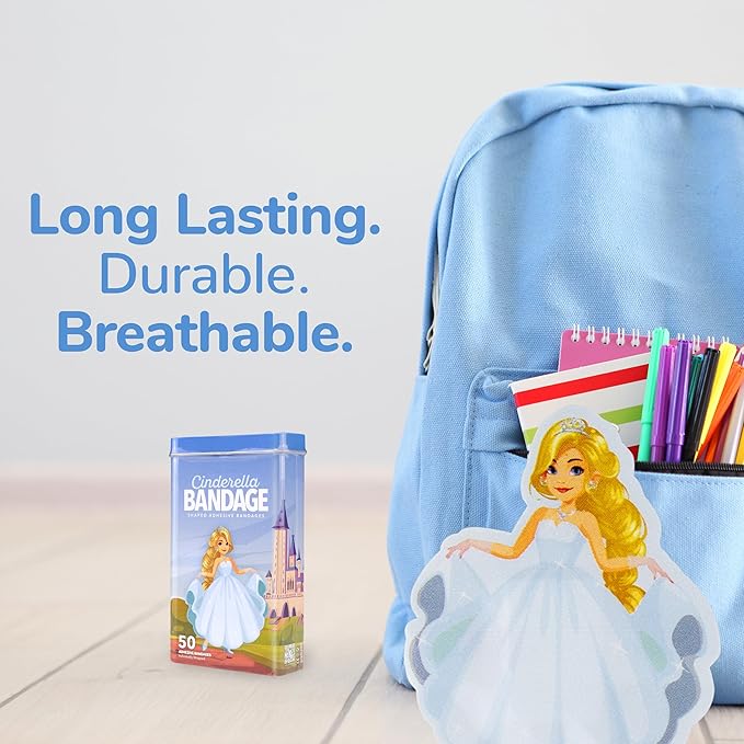 BioSwiss Bandages, Princess Cinderella Shaped Self Adhesive Bandage, Latex Free Sterile Wound Care, Fun First Aid Kit Supplies for Kids and Adults, 50 Count